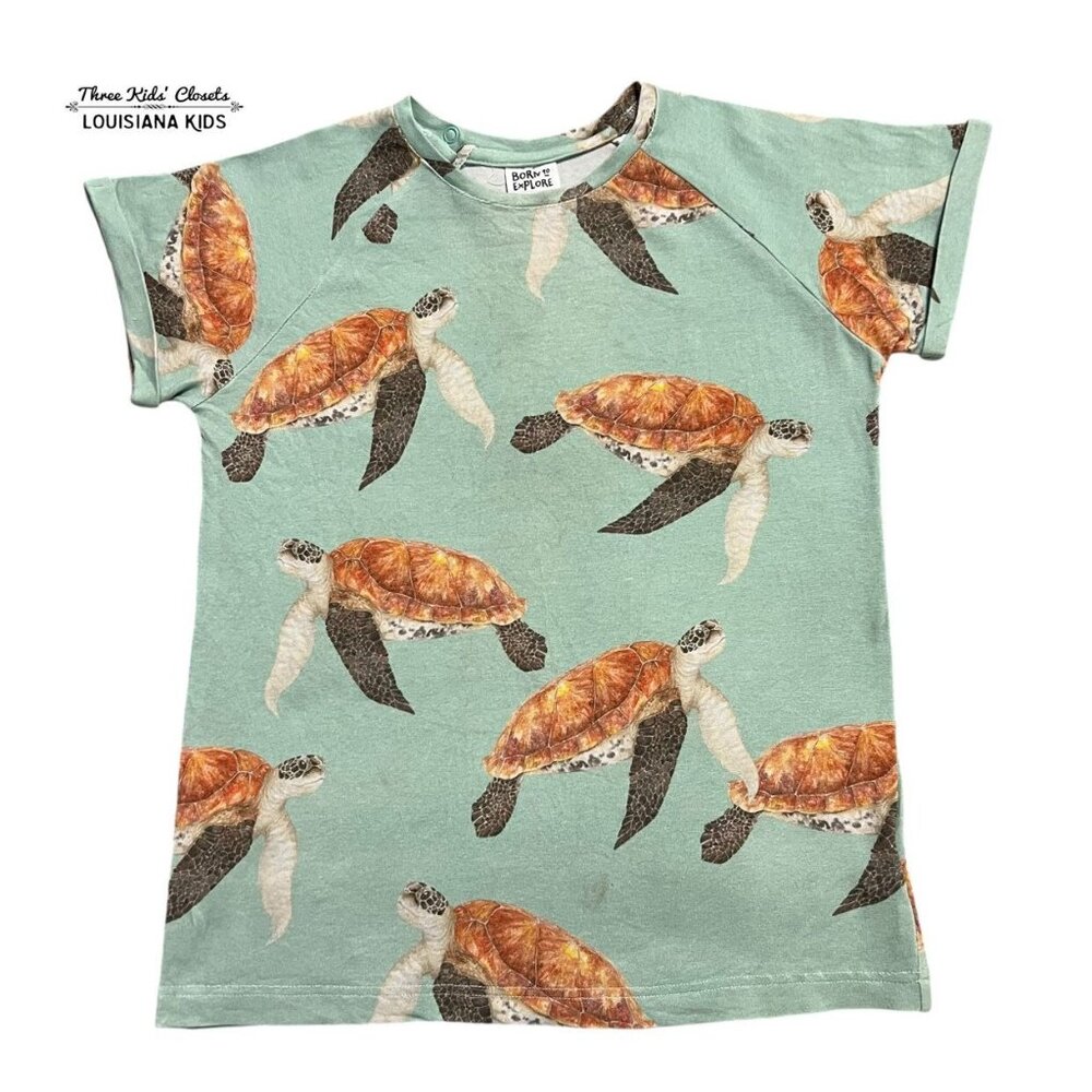Born To Explore Sz 128/134 (8-9Y) Organic Sea Turtles Shirt